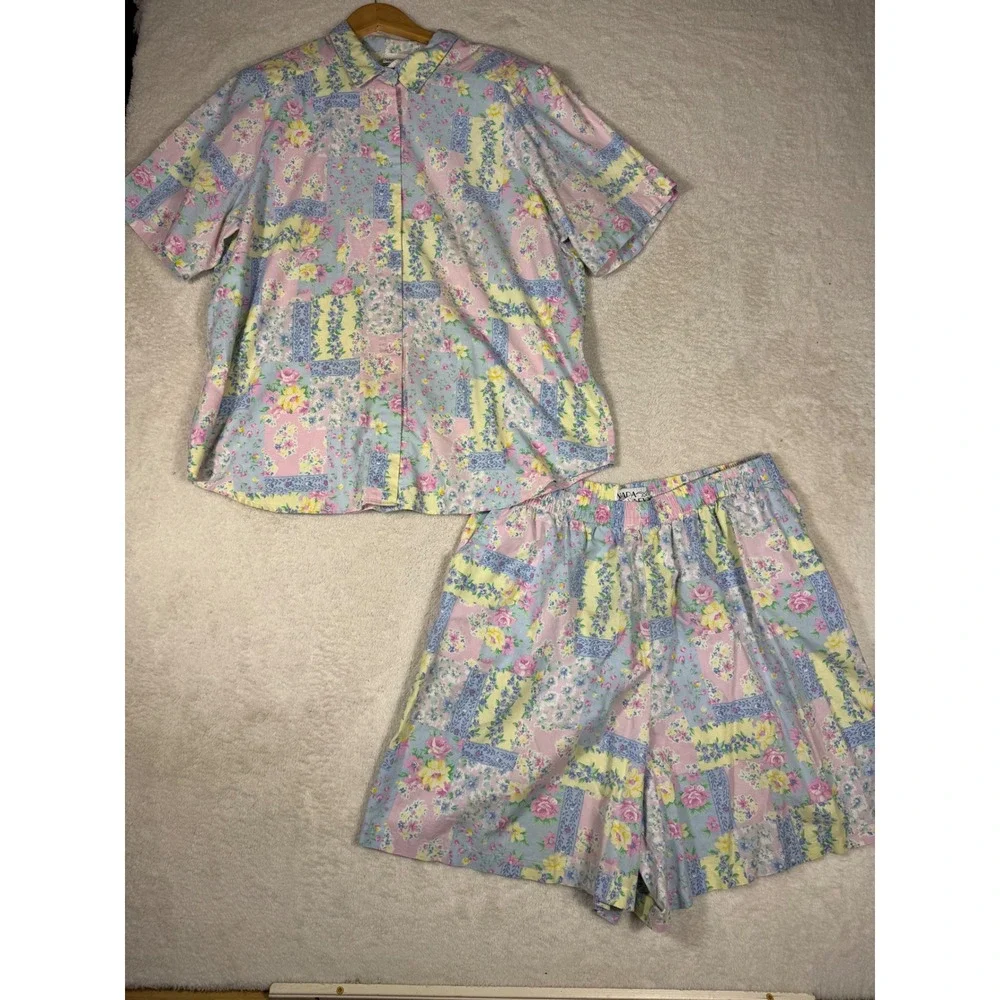 Napa Valley Floral Patchwork Set Womens 20W‎ Pastel Pink Blue Good Vintage 90s